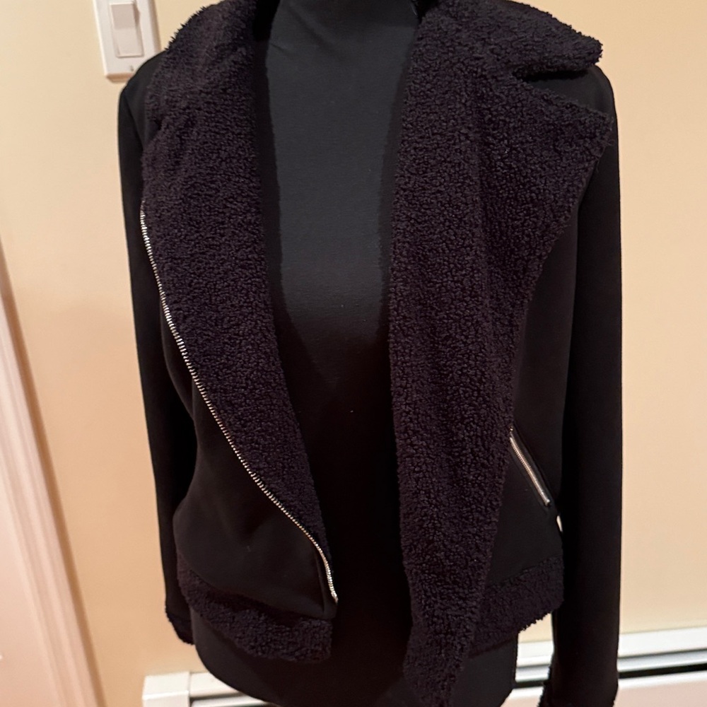 bebe Beautiful Black Teddy Jacket with Gold Zipper and Pockets,soft and comfy - Picture 10 of 16